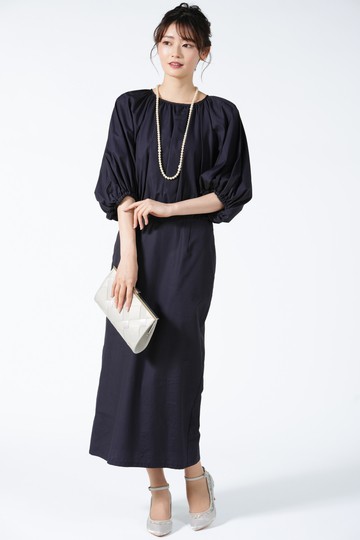 バルーン袖濃紺モードドレス