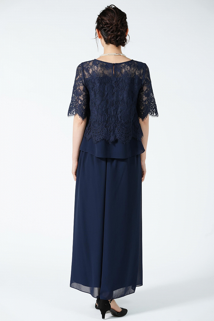 レース&シフォン紺ワイドパンツ