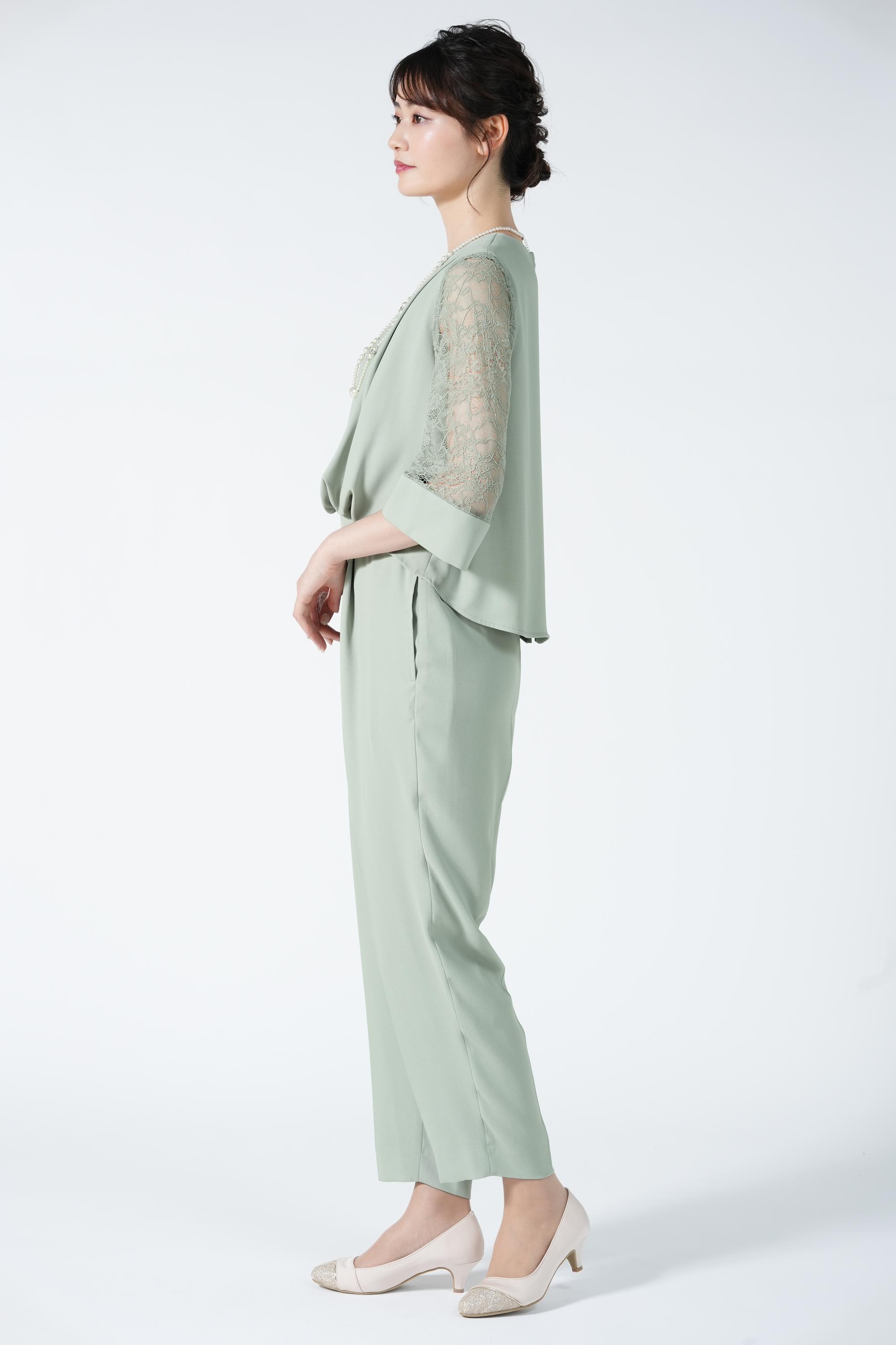 レース袖ミントパンツドレス