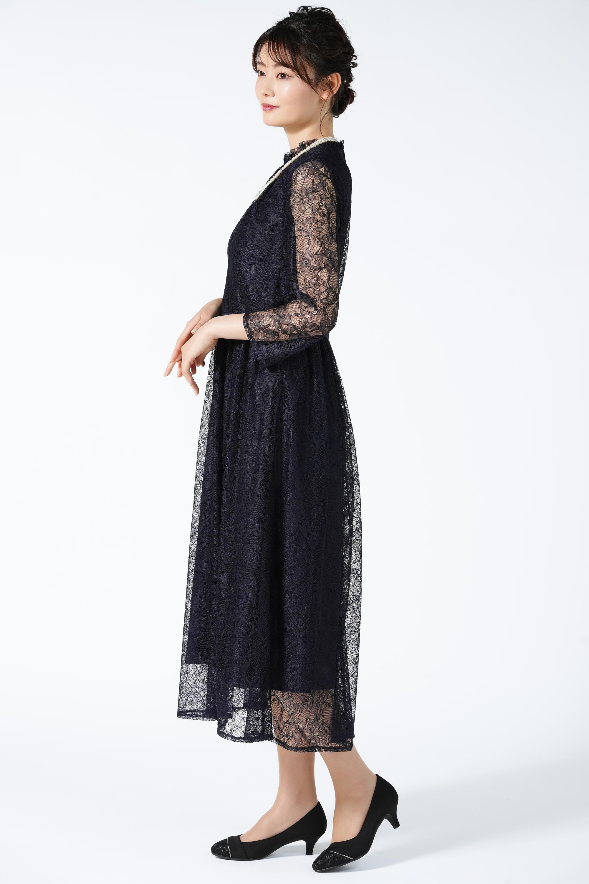 フリルネック総レースネイビードレス