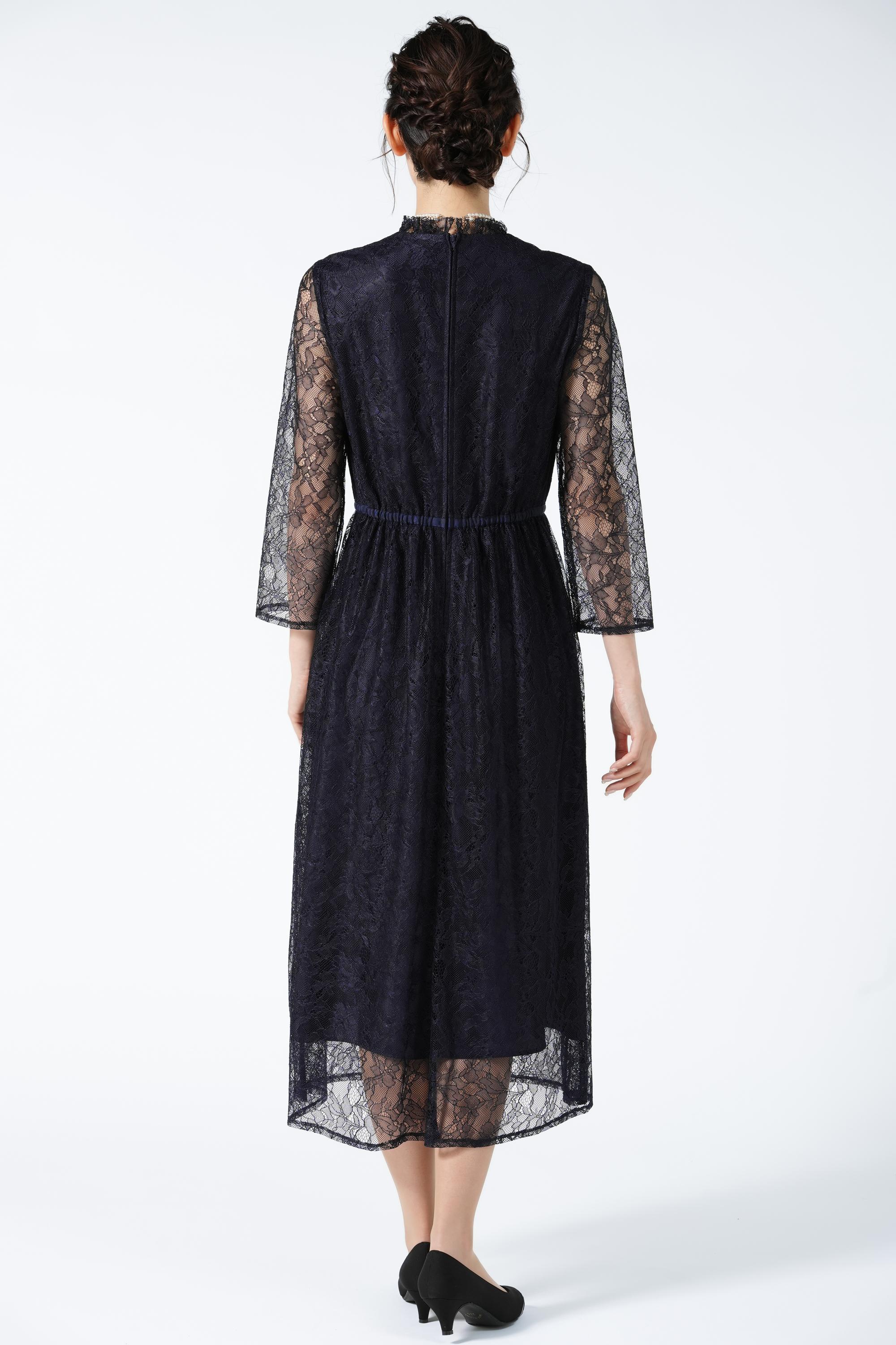 フリルネック総レースネイビードレス