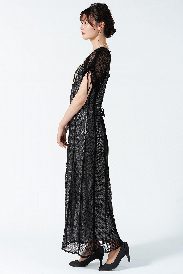 ストライプ切り替えレースブラックドレス