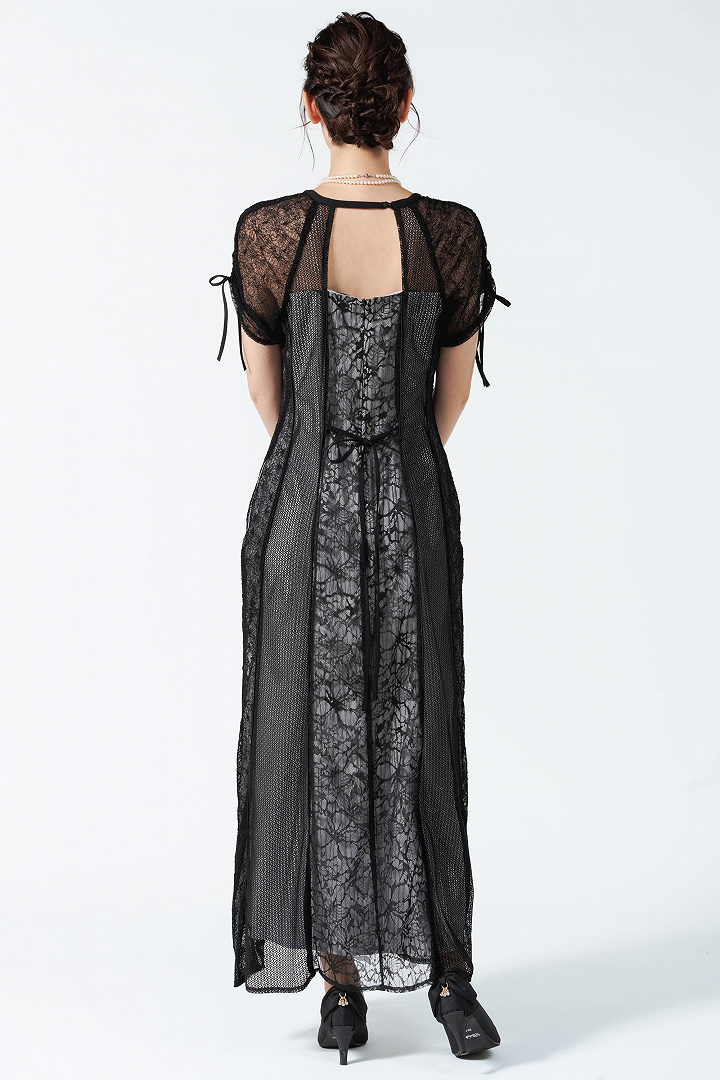 ストライプ切り替えレースブラックドレス