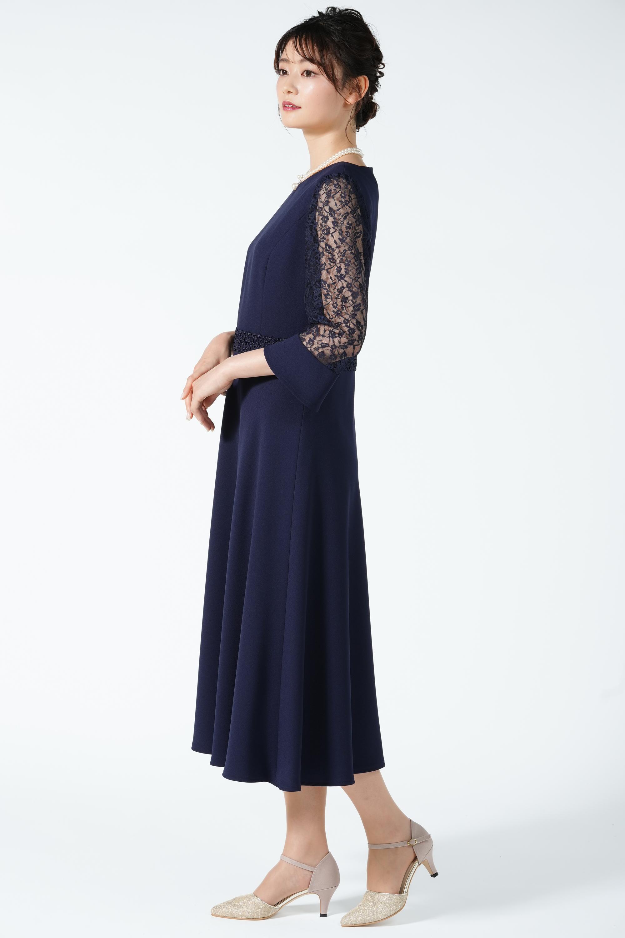 小花柄レース袖ネイビードレス
