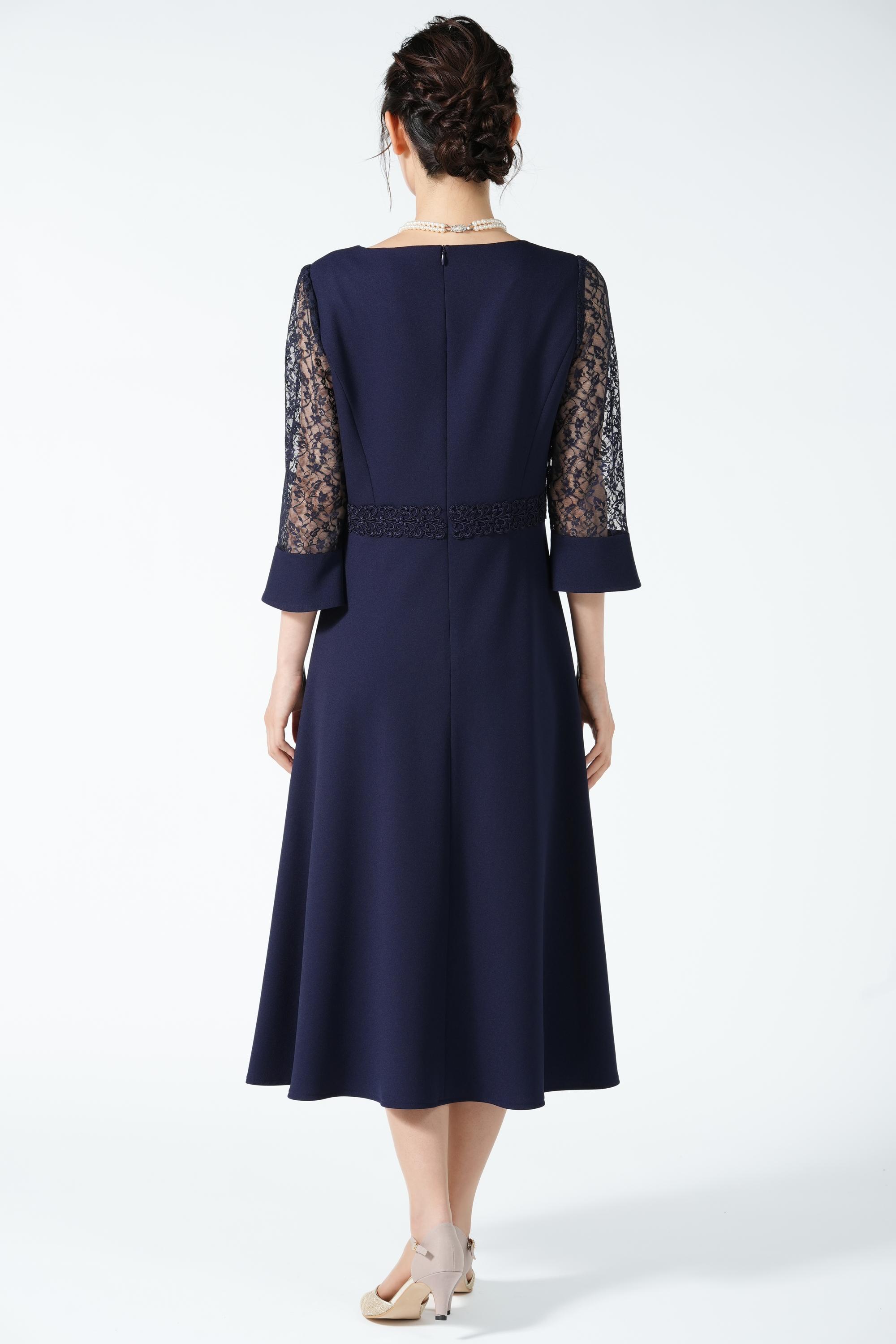 小花柄レース袖ネイビードレス