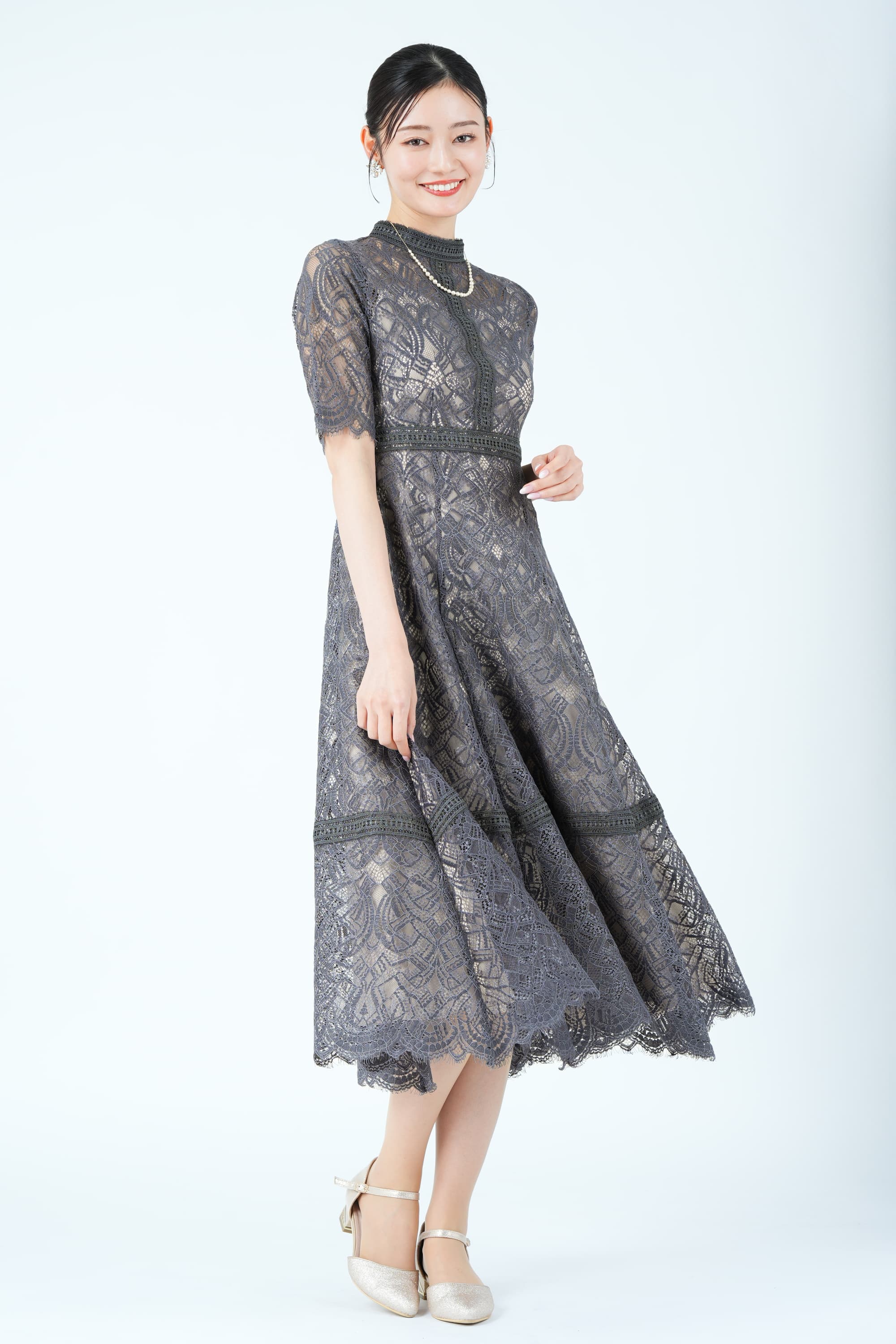 ハシゴレース切り替えアーミーカーキドレス