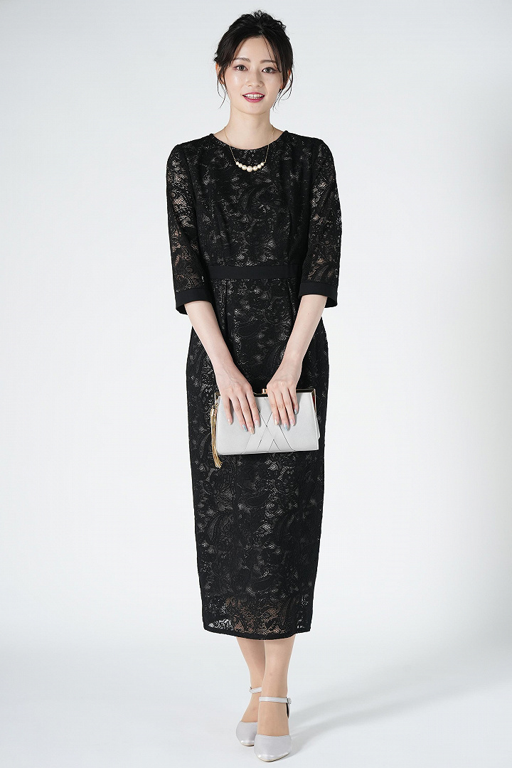 ペイズリー柄ジャガードレースブラックドレス