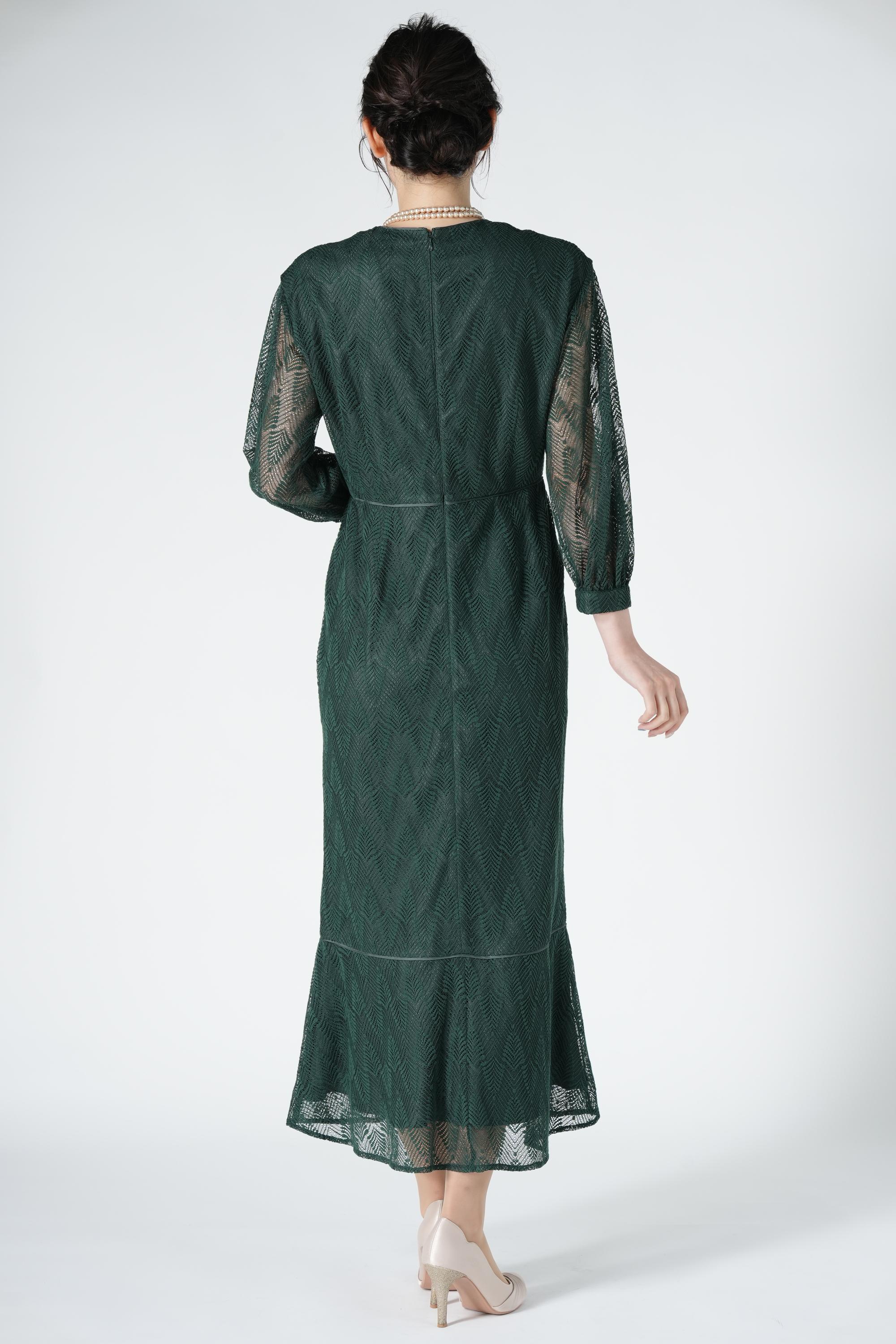 リーフ柄ペプラムグリーンドレス