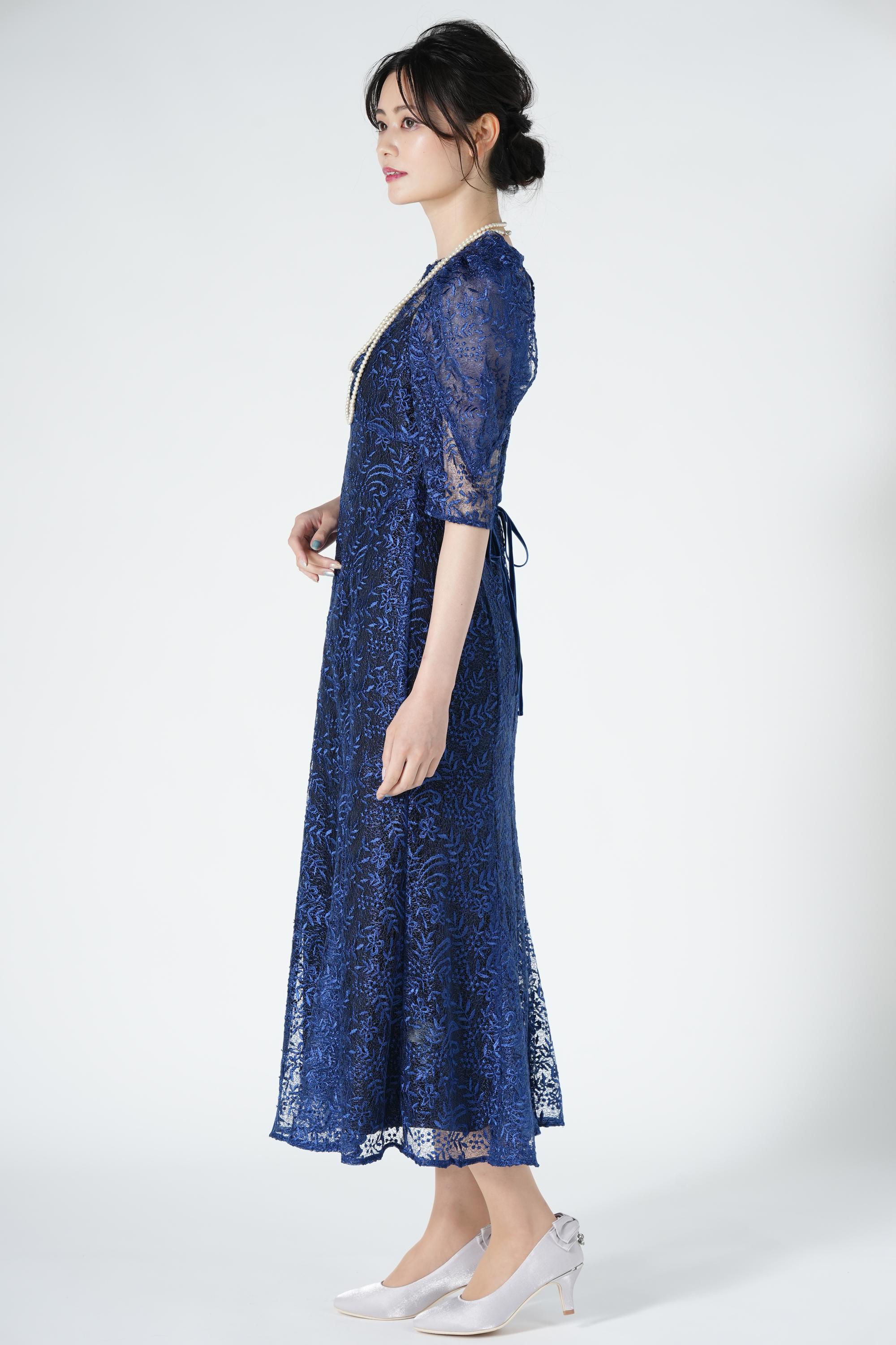 チュール花柄ネイビードレス