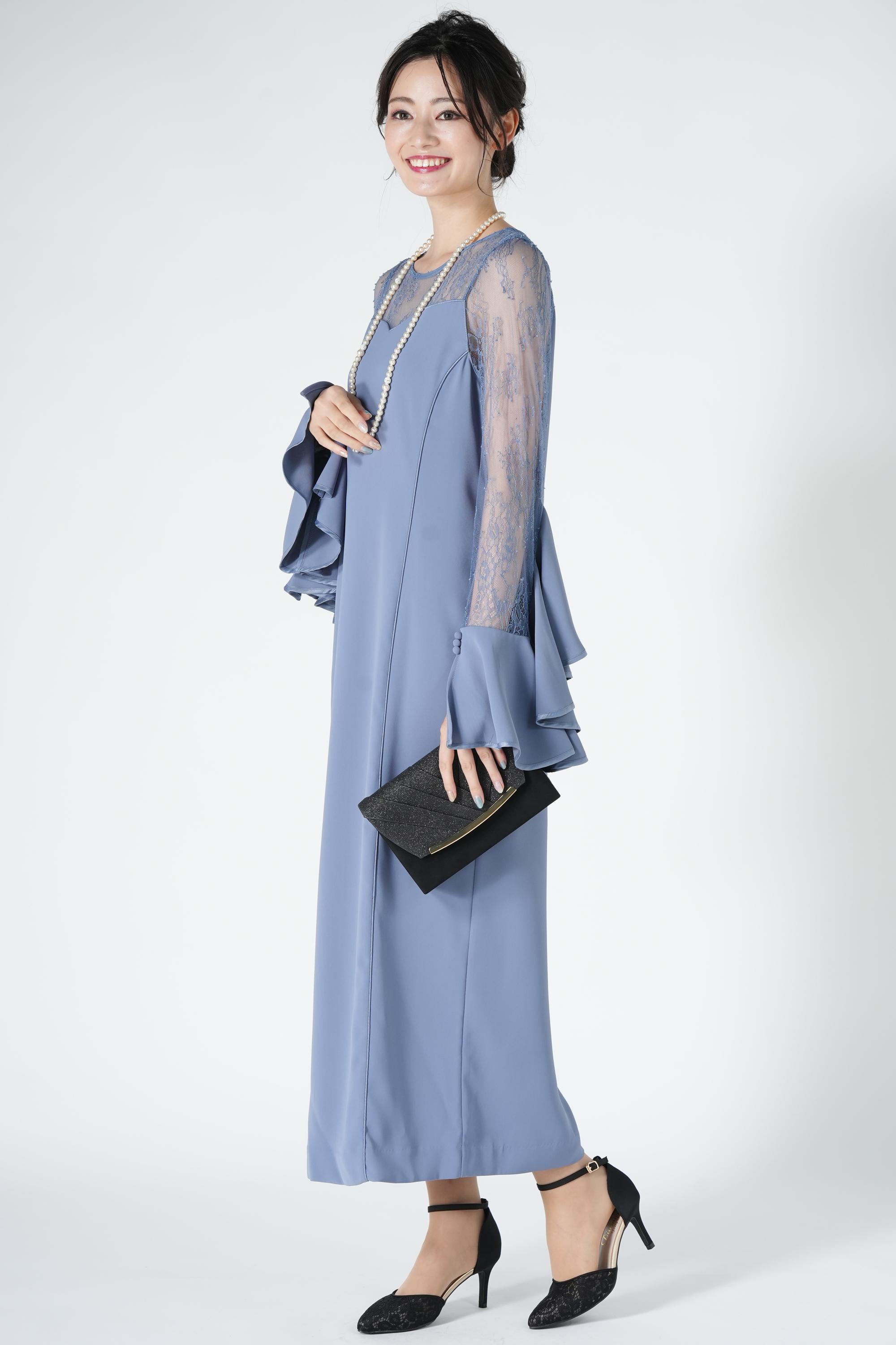 レース切り替えラッフル袖ブルードレス