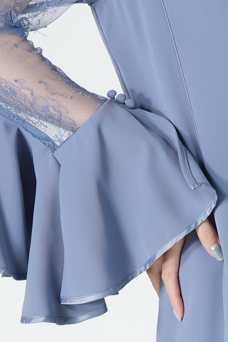 レース切り替えラッフル袖ブルードレス