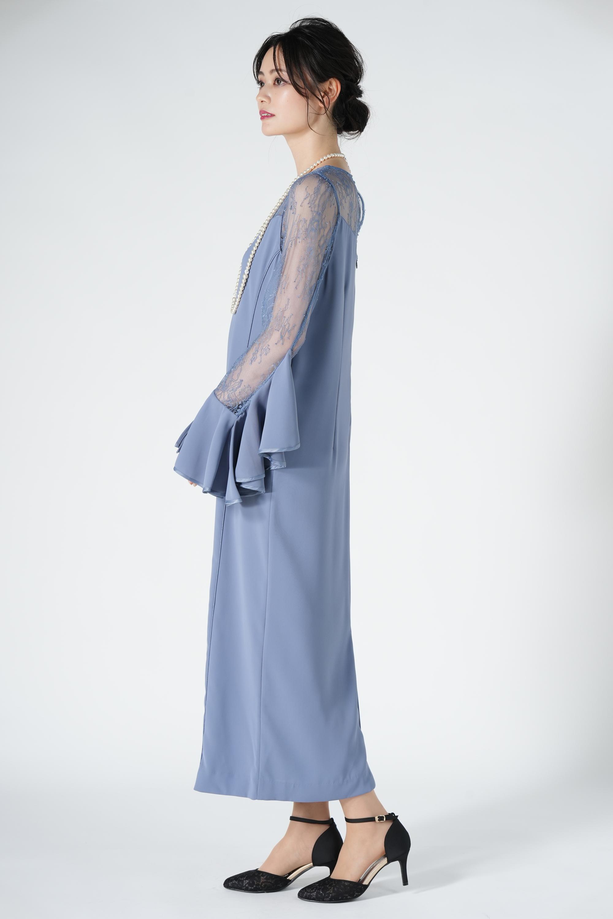 レース切り替えラッフル袖ブルードレス