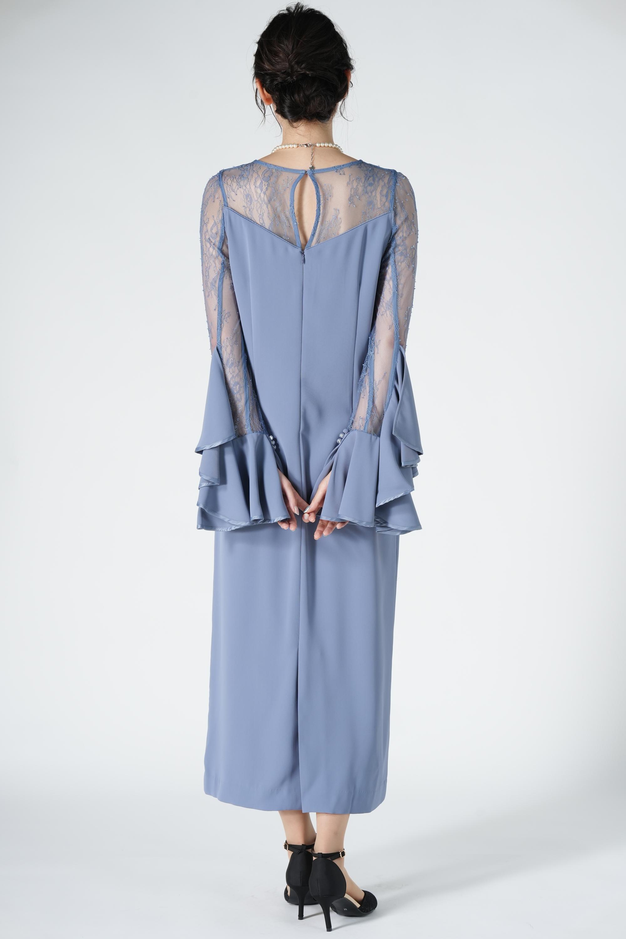 レース切り替えラッフル袖ブルードレス