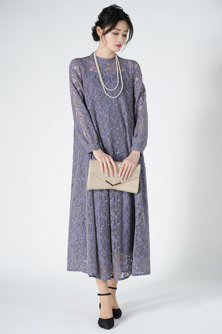 Aライン総レースアッシュバイオレットドレス