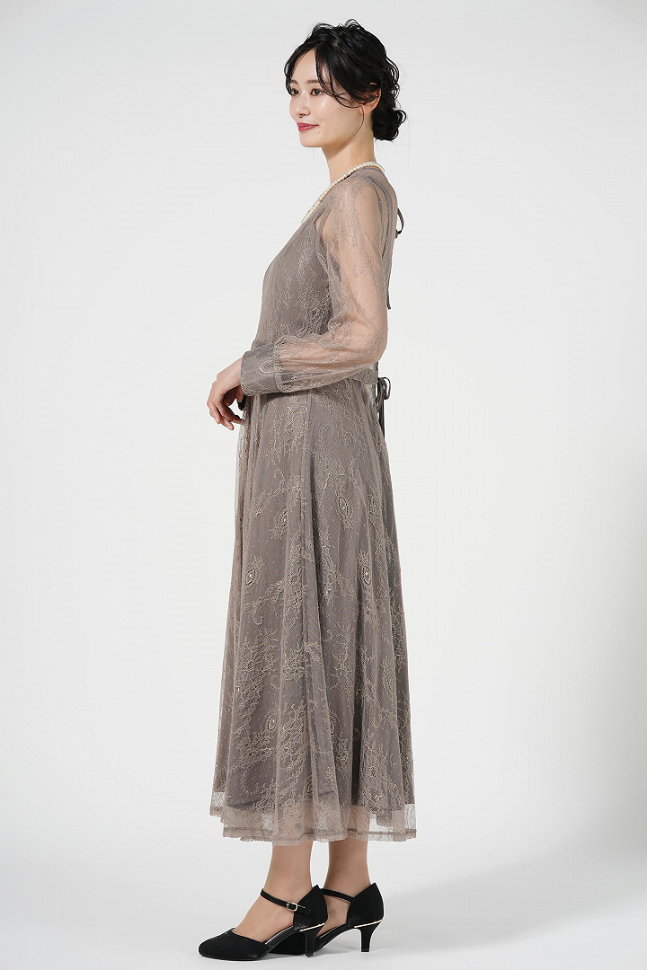 バックリボン総レースモカドレス