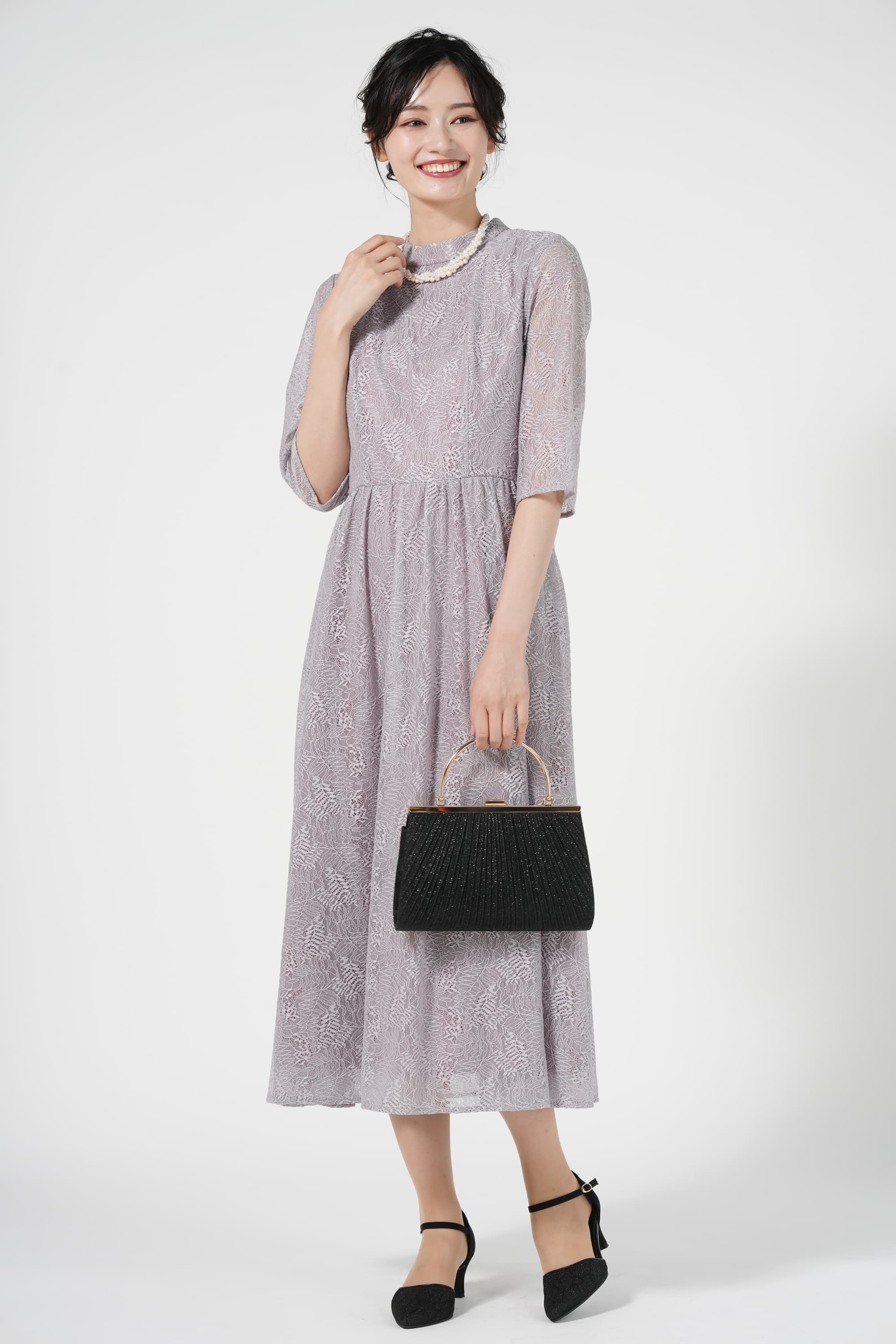 リーフ柄ラメ総レースラベンダードレス