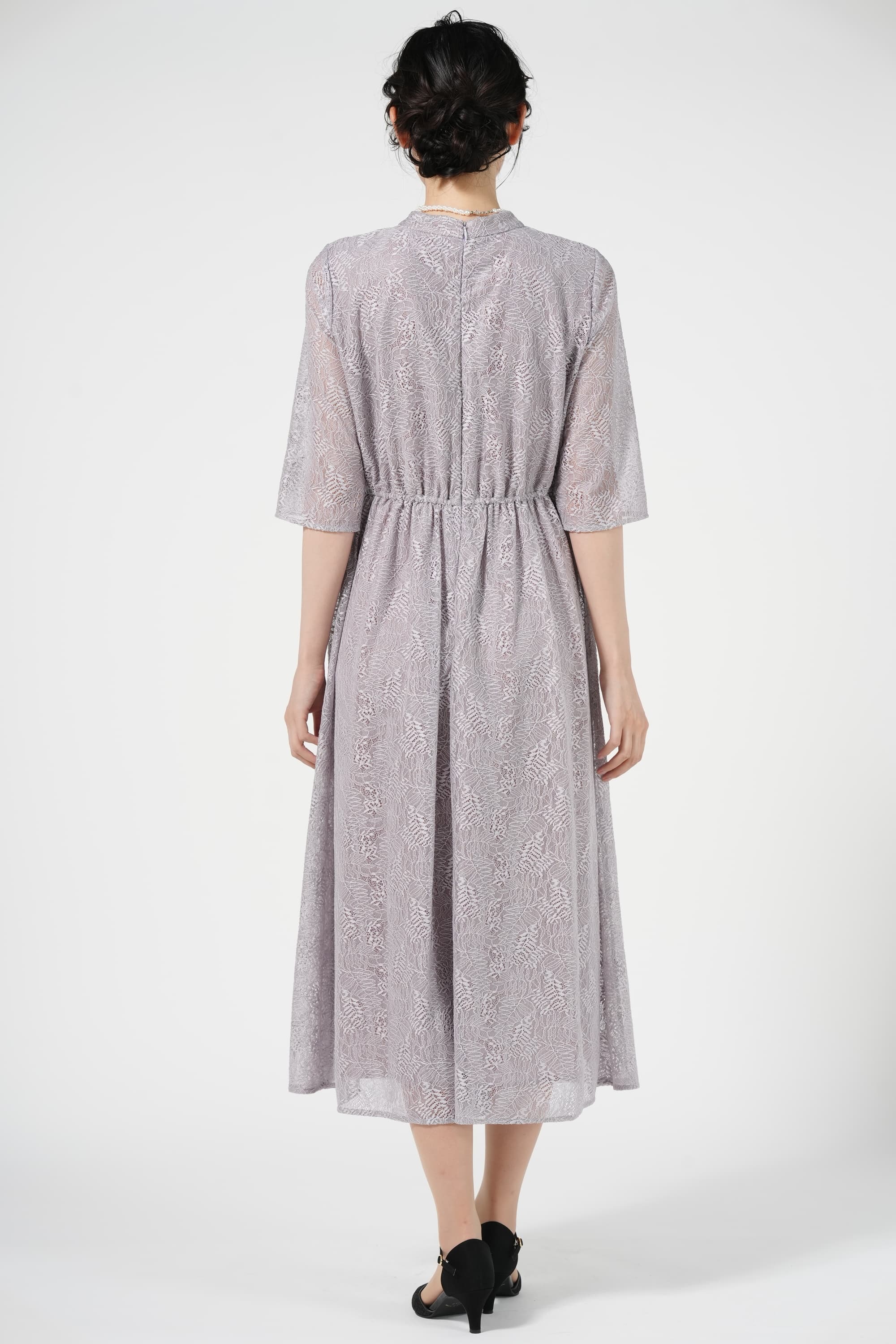 リーフ柄ラメ総レースラベンダードレス