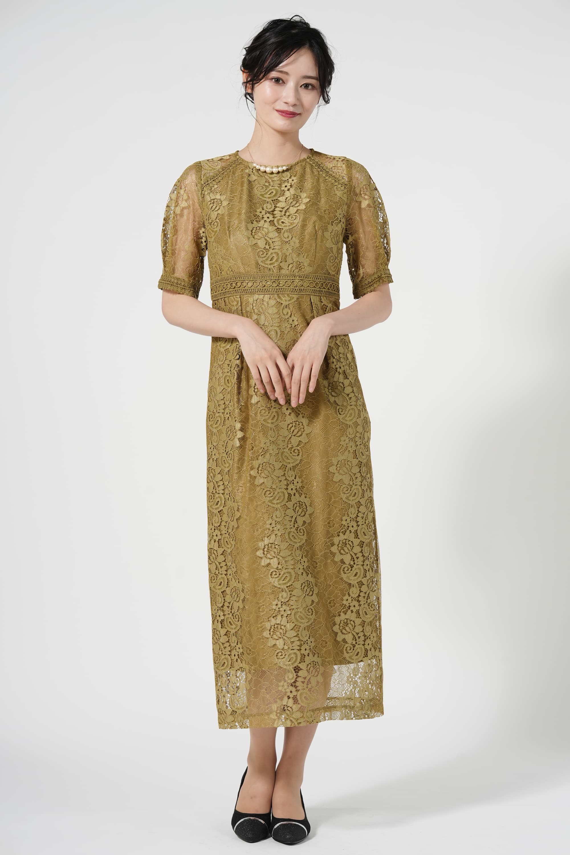 etoll. 総レースIラインマスタードドレス (M) をレンタル - 結婚式