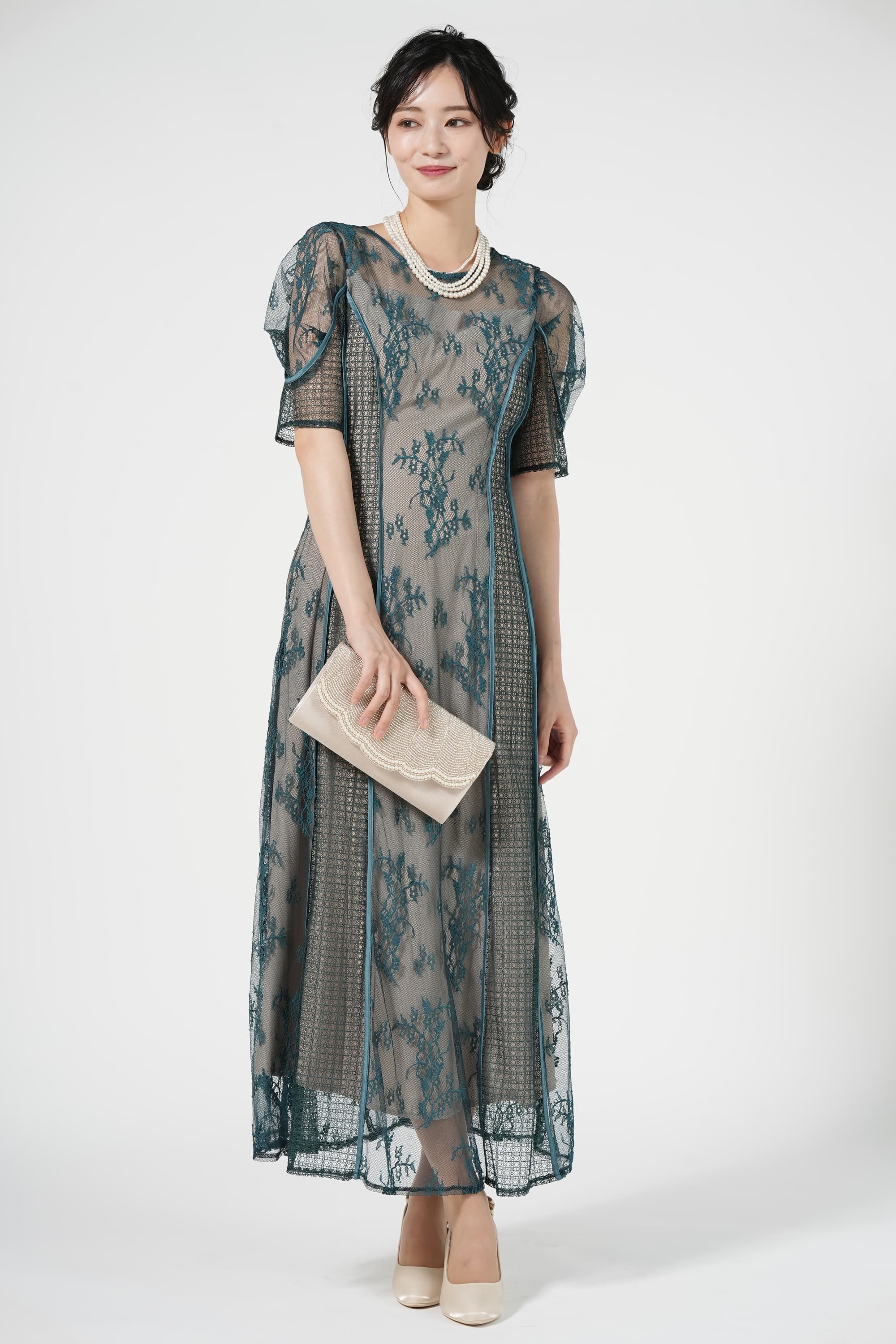 パネルレースロンググリーンドレス