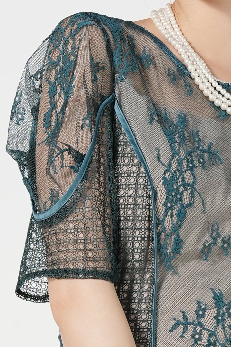 パネルレースロンググリーンドレス