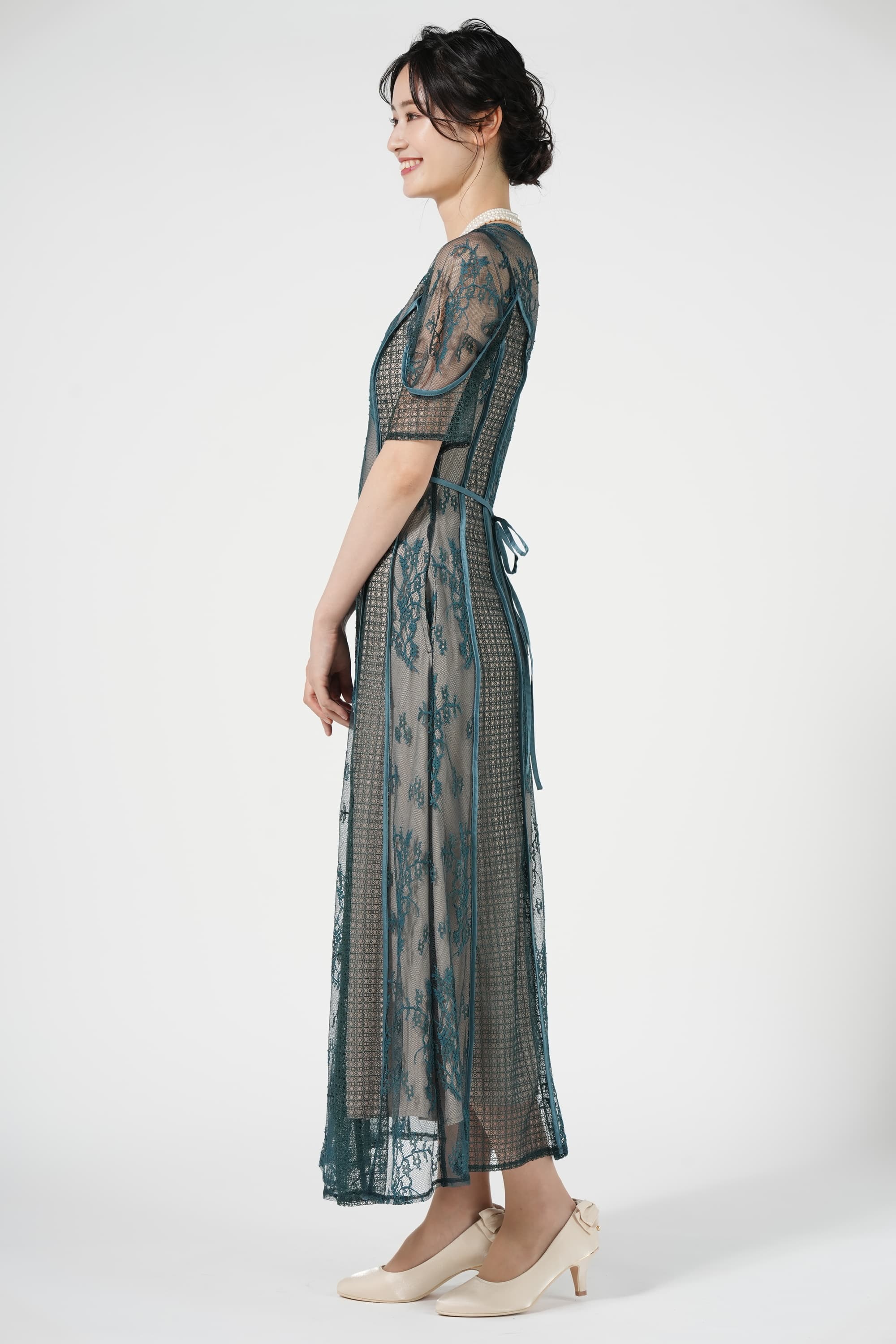 パネルレースロンググリーンドレス