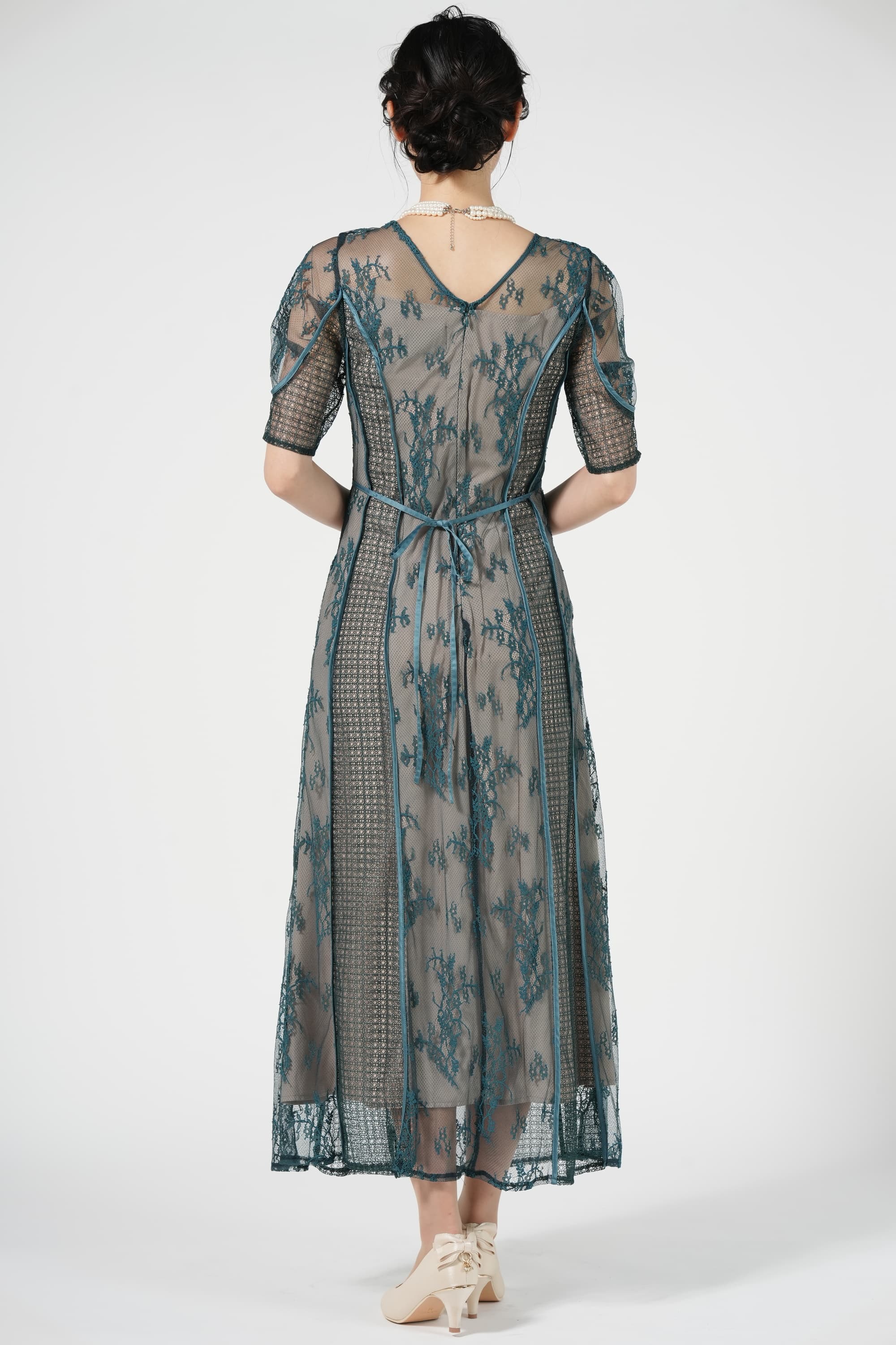 パネルレースロンググリーンドレス