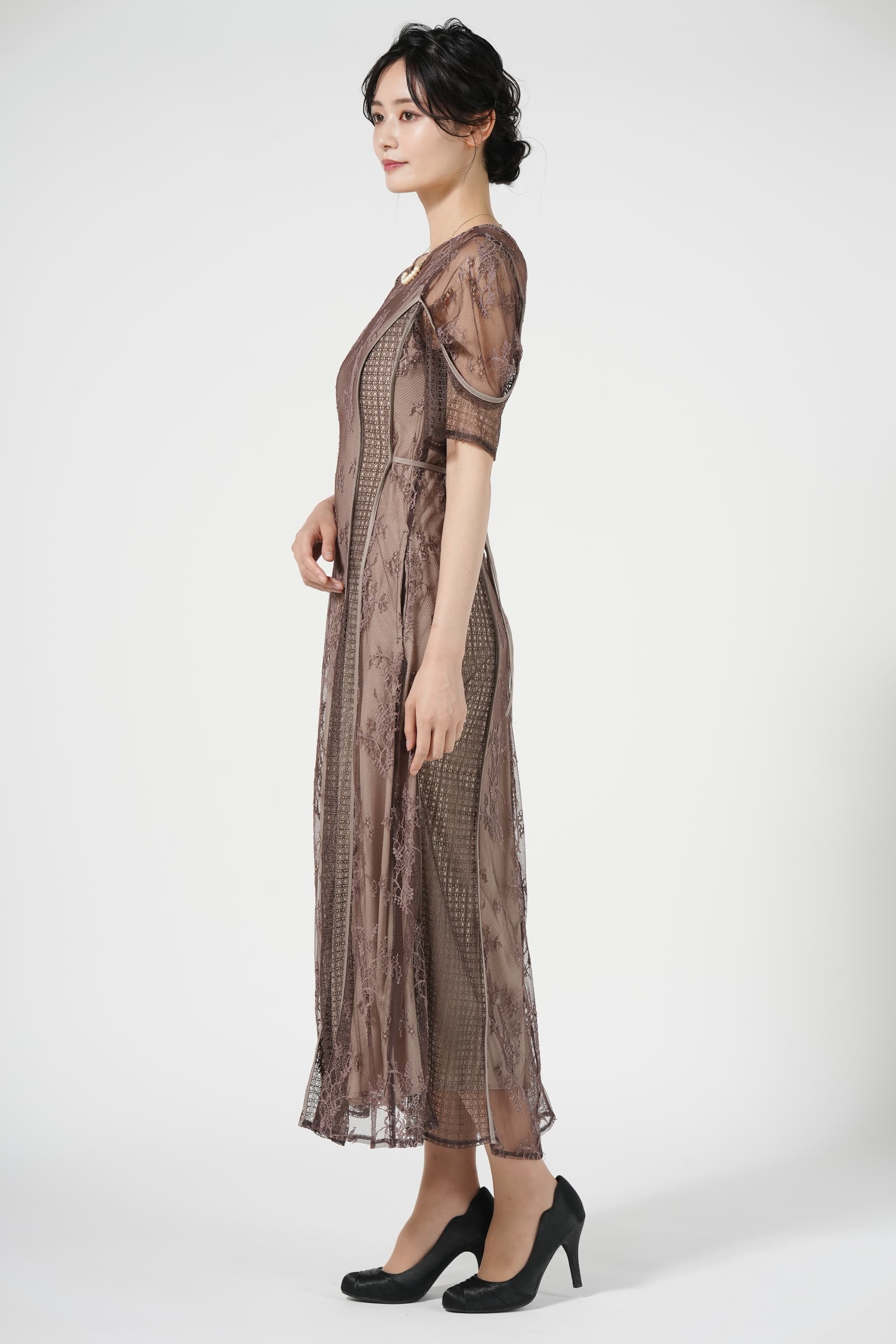 パネルレースロングモカドレス
