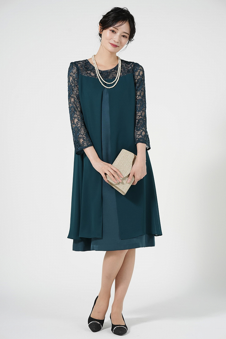 レース袖付きジョーゼットグリーンドレス