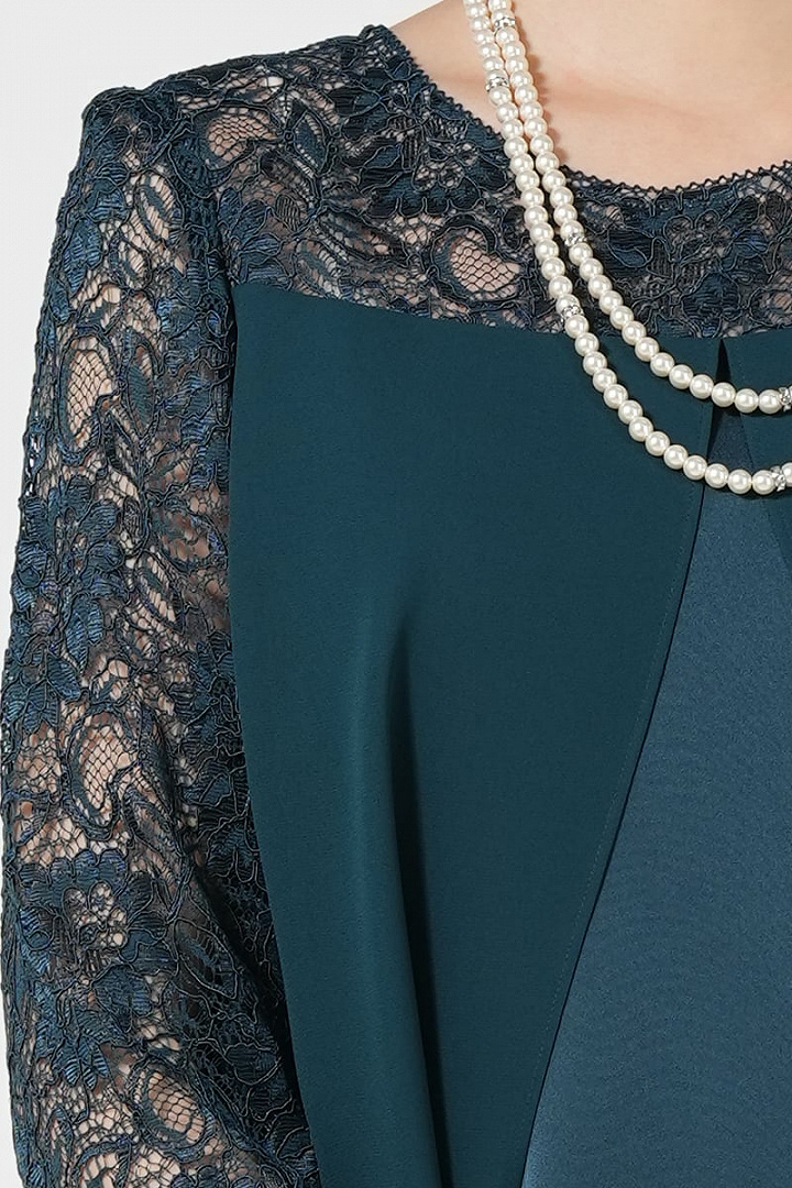 レース袖付きジョーゼットグリーンドレス