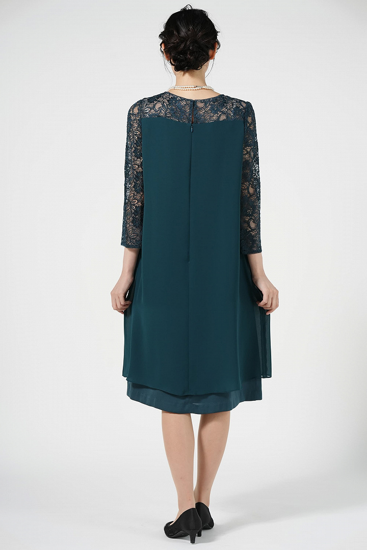 レース袖付きジョーゼットグリーンドレス