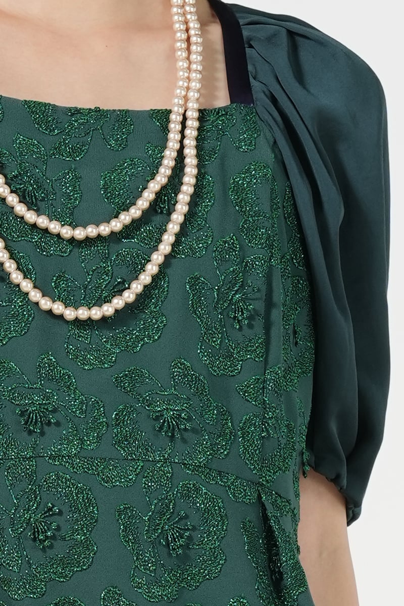 花柄フリンジ上質レースグリーンドレス