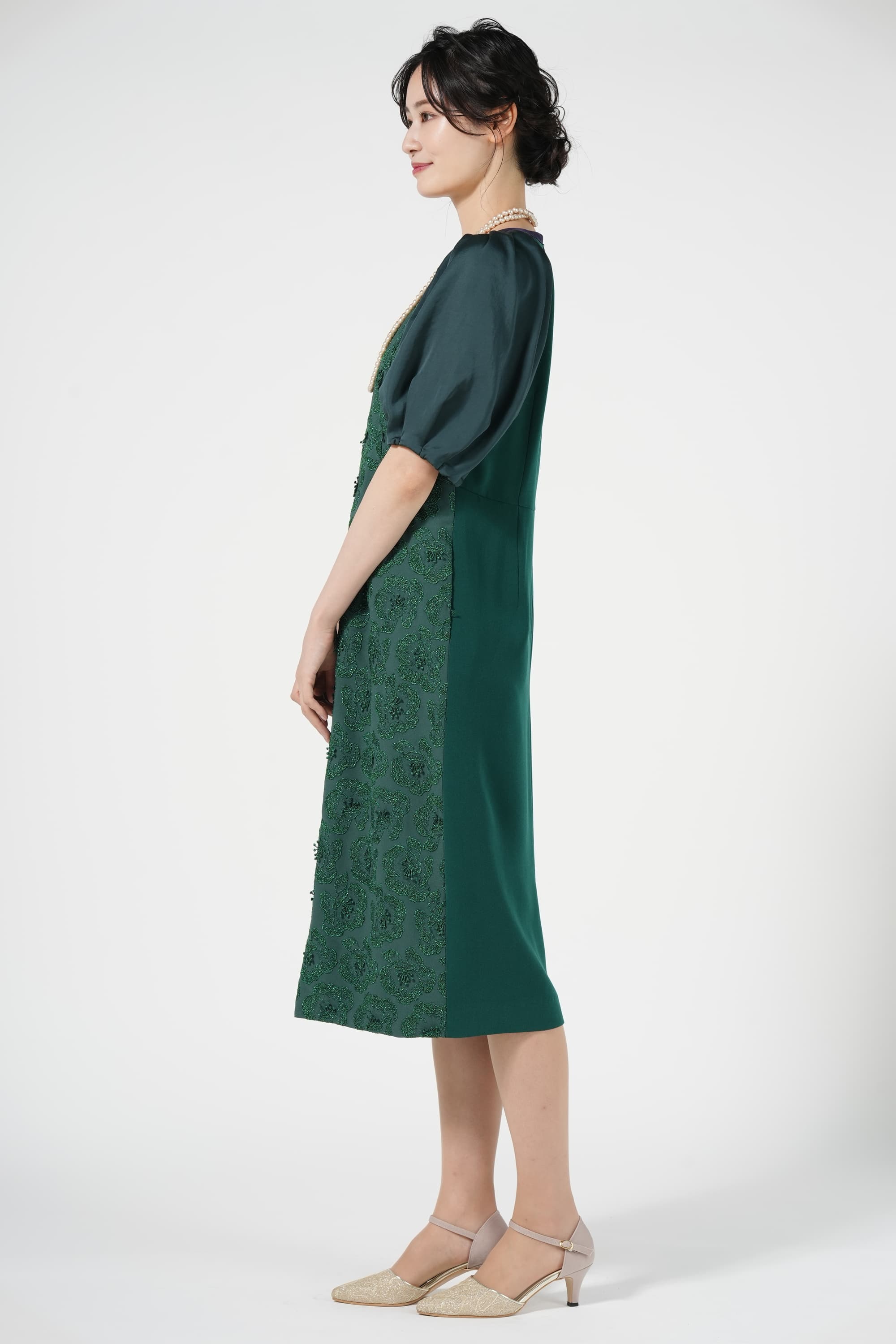花柄フリンジ上質レースグリーンドレス