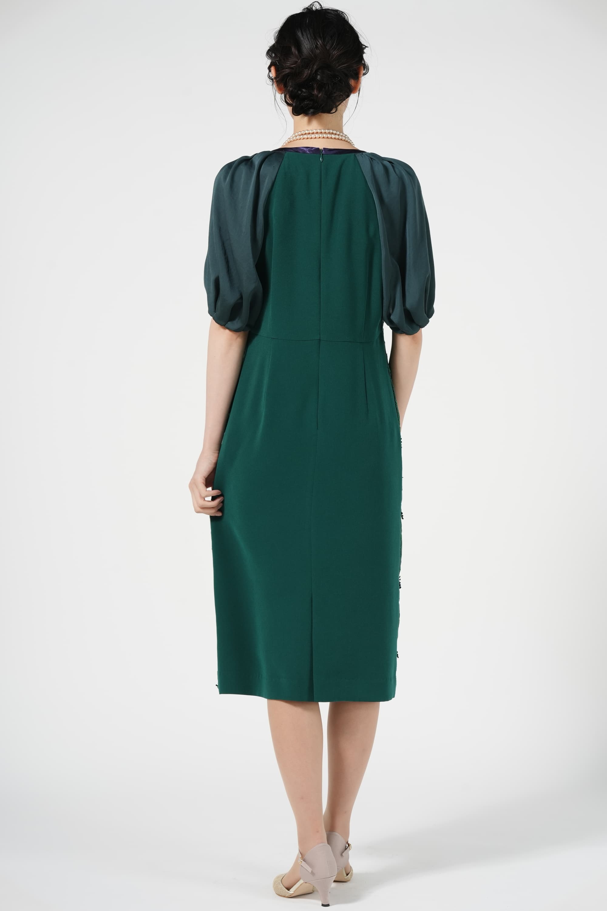 花柄フリンジ上質レースグリーンドレス