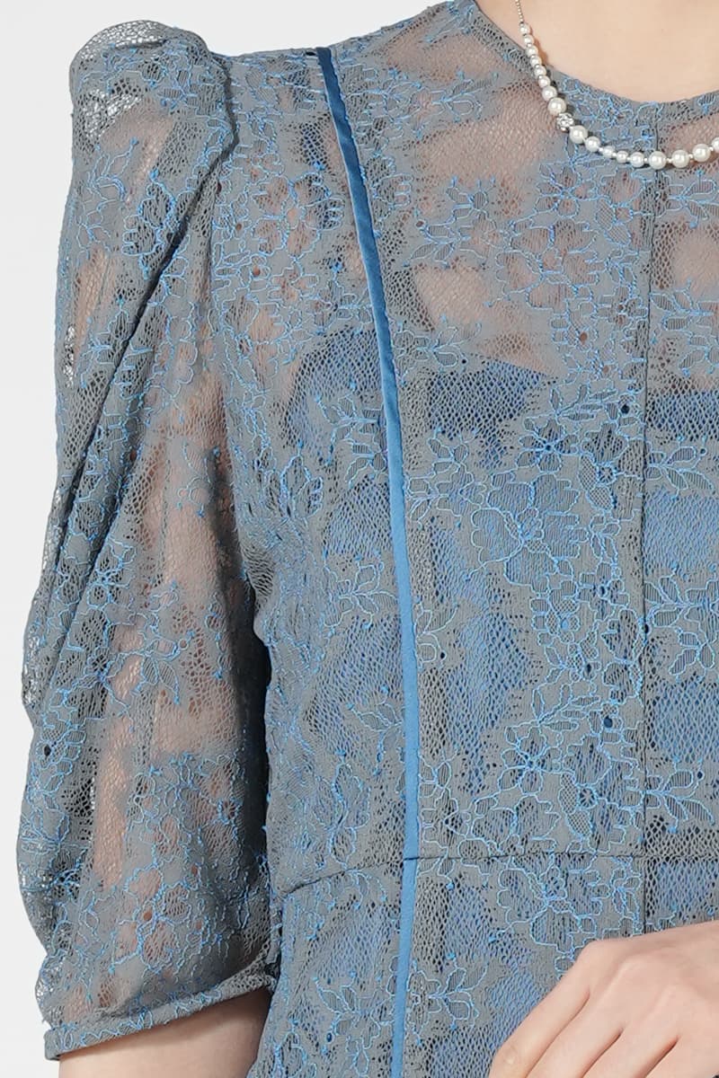 配色レースパイピングブルードレス