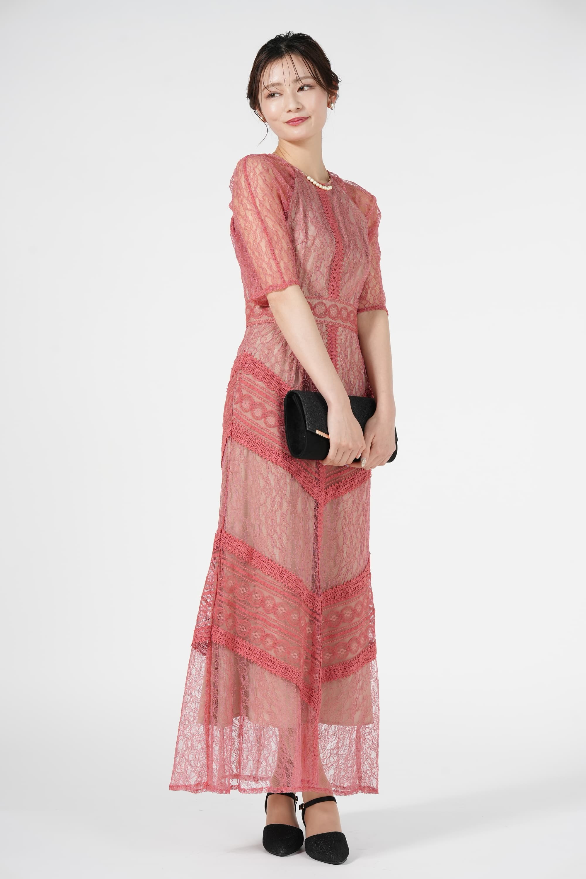 総レースサーモンピンクロングドレス