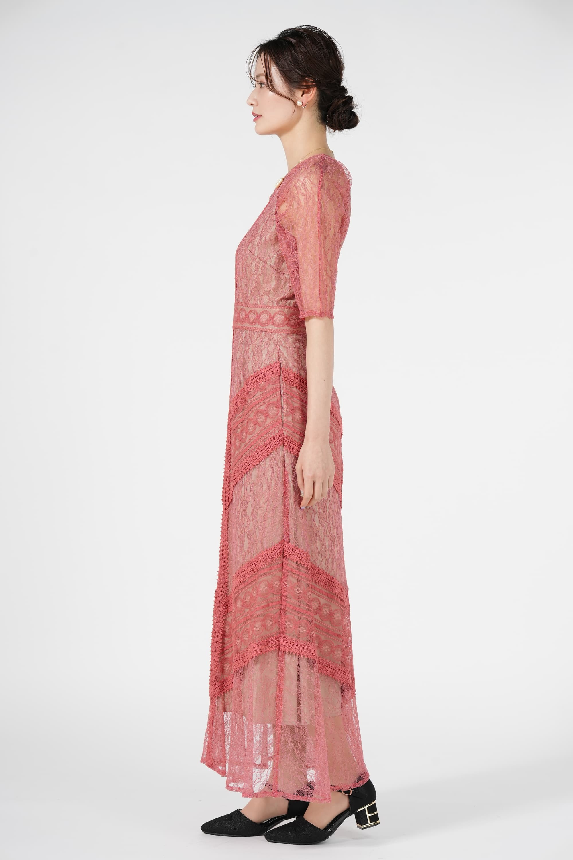 総レースサーモンピンクロングドレス