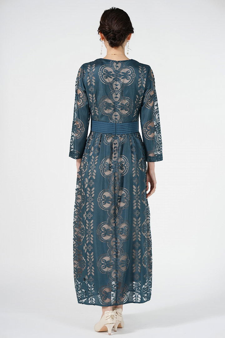 フラワー模様レースグリーンドレス