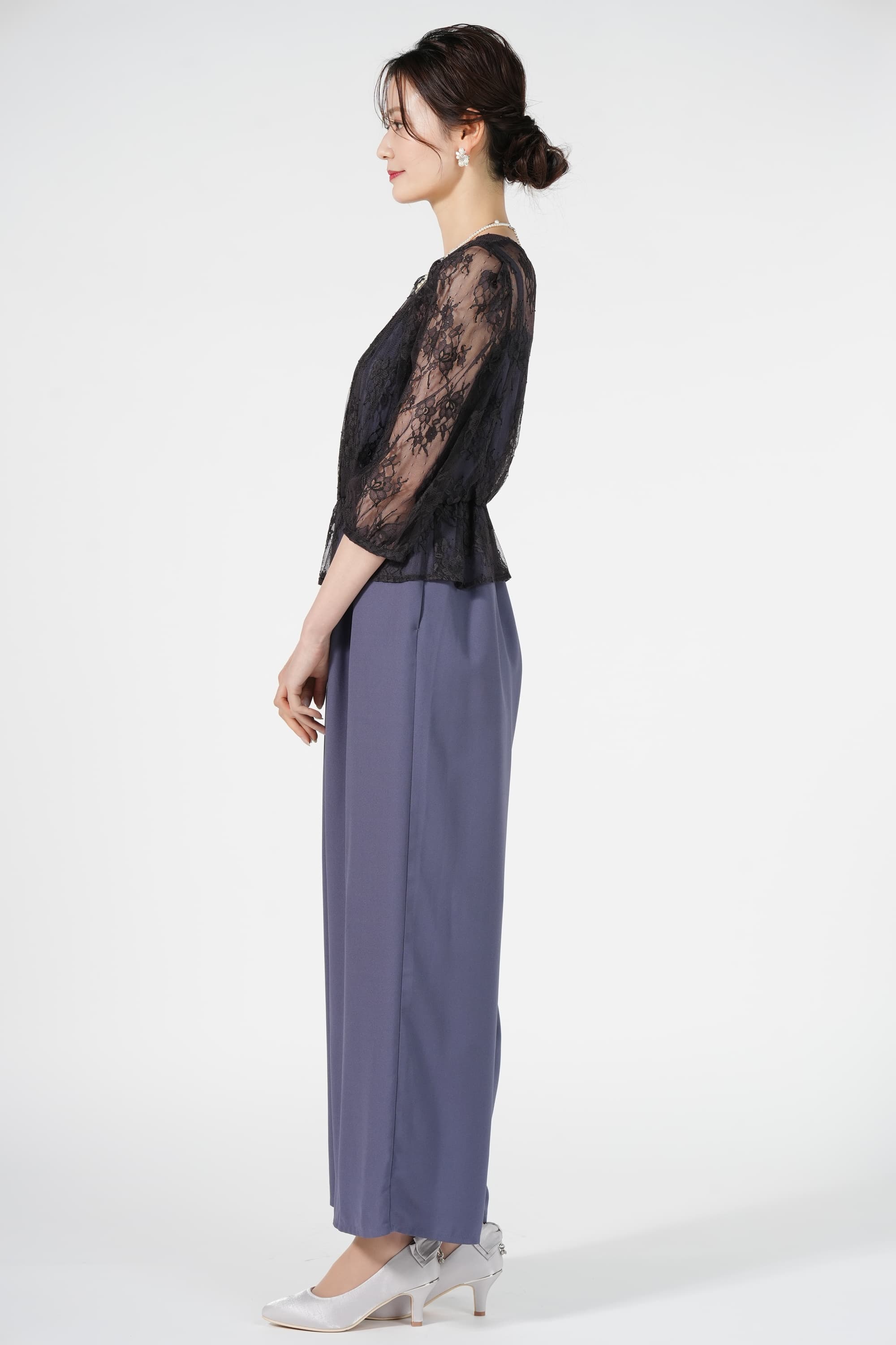 カシュクールレース切り替えダルブルーパンツドレス