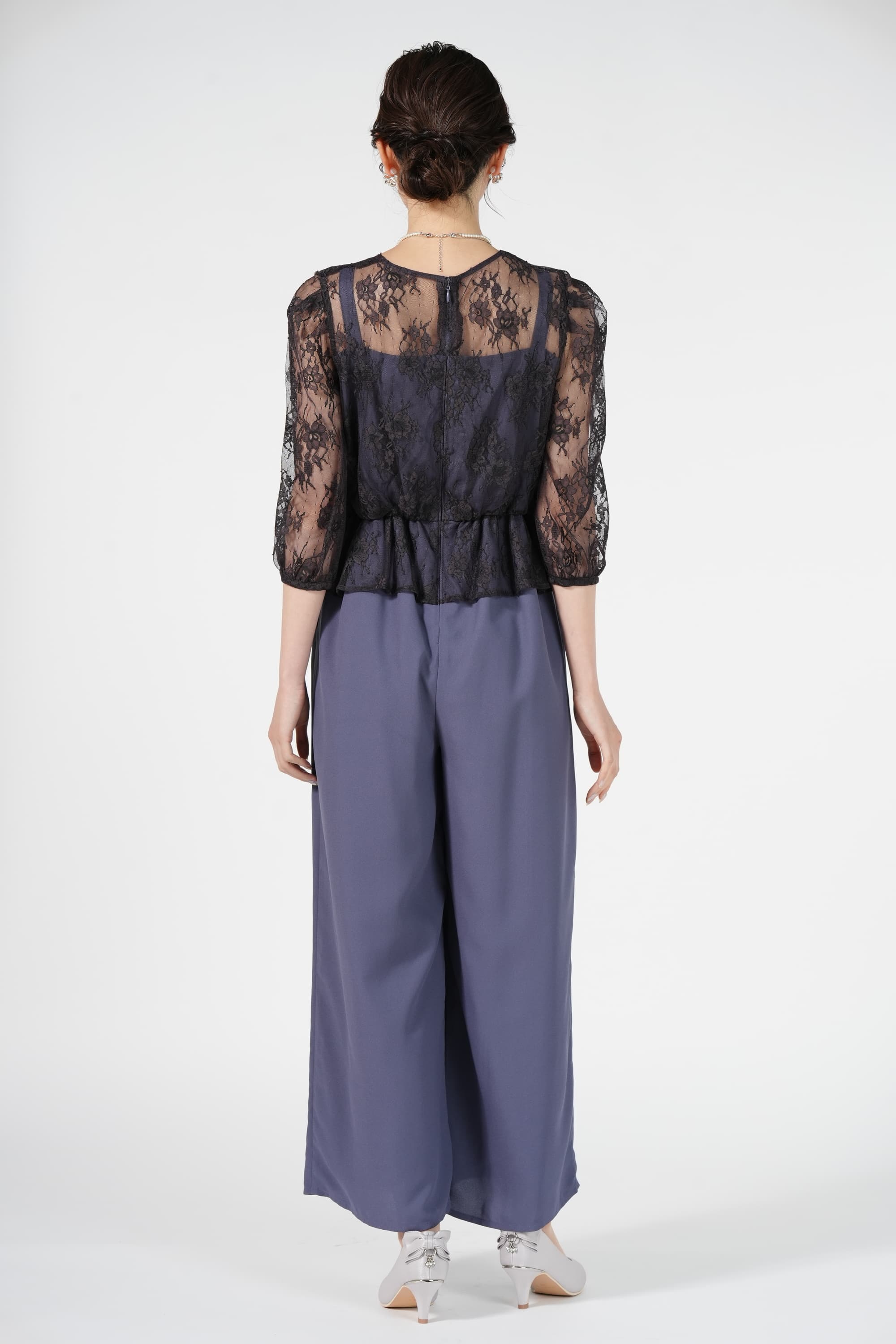 カシュクールレース切り替えダルブルーパンツドレス