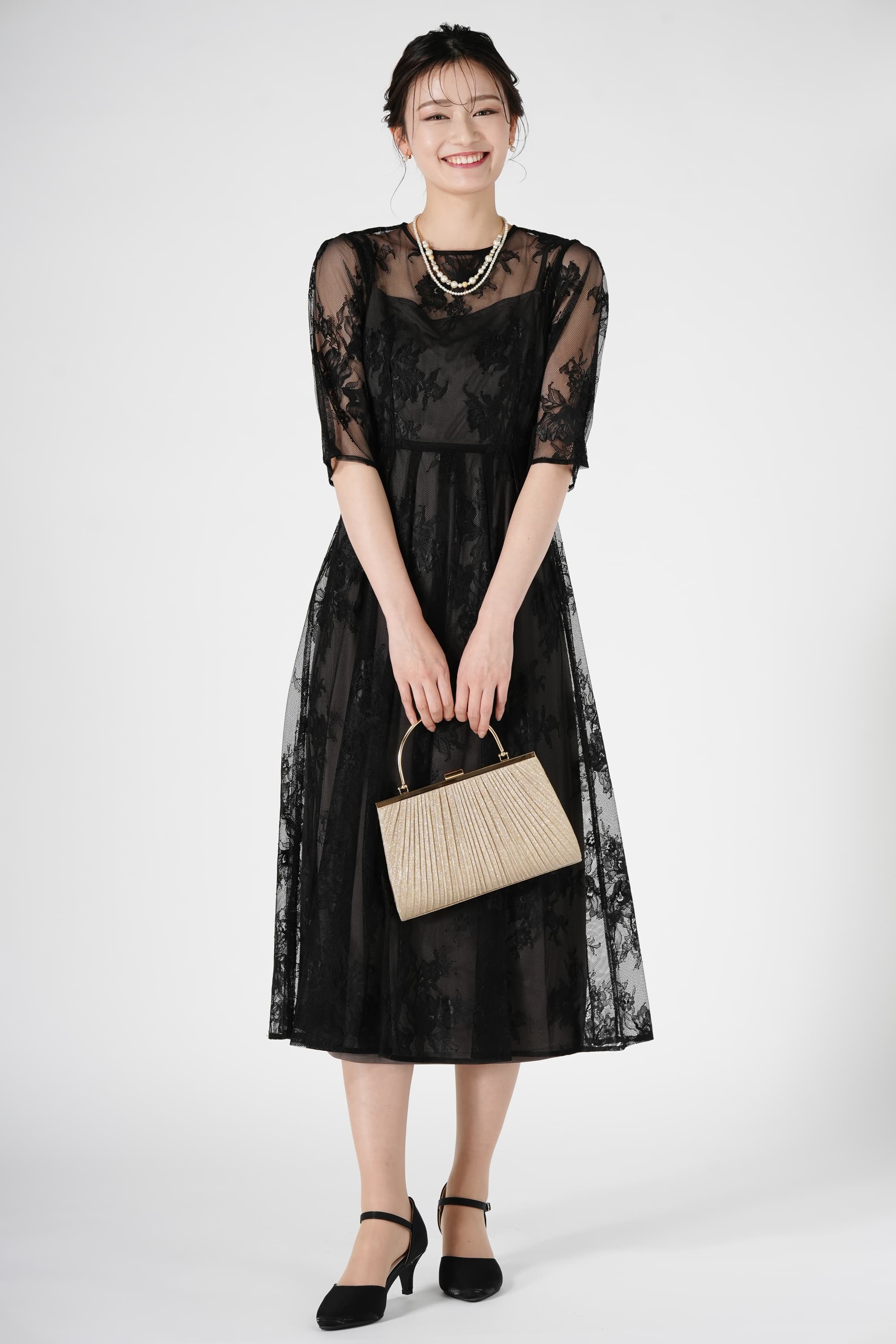 持ち手付きラメプリーツゴールドバッグ