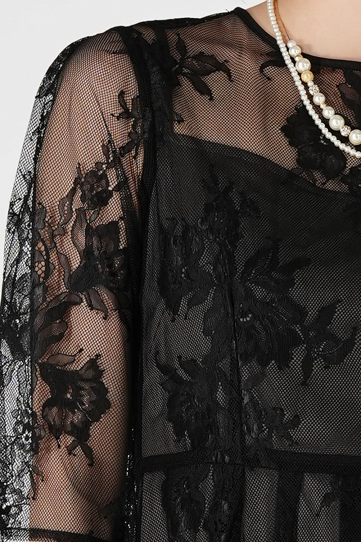 フラワーレース5分袖ブラックドレス