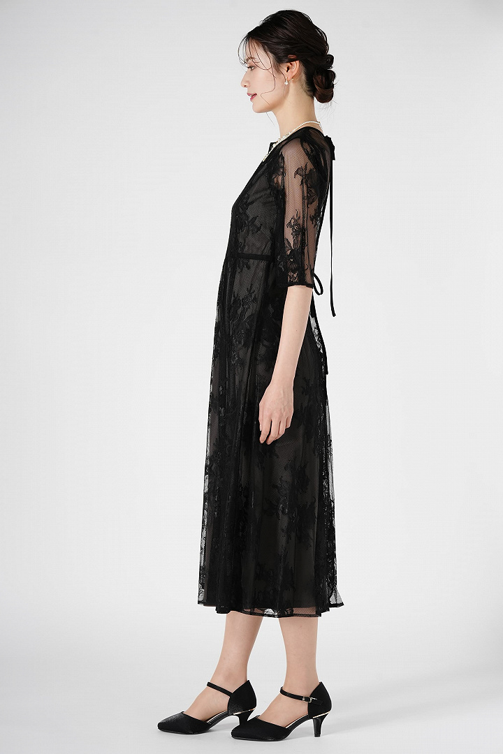 フラワーレース5分袖ブラックドレス