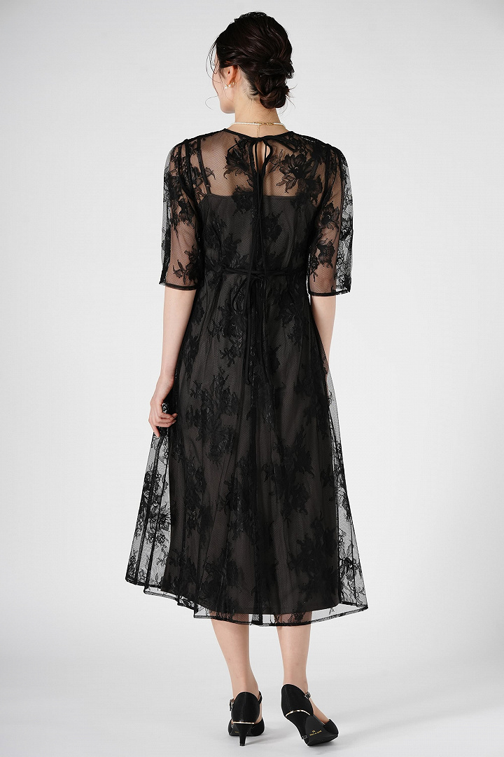 フラワーレース5分袖ブラックドレス