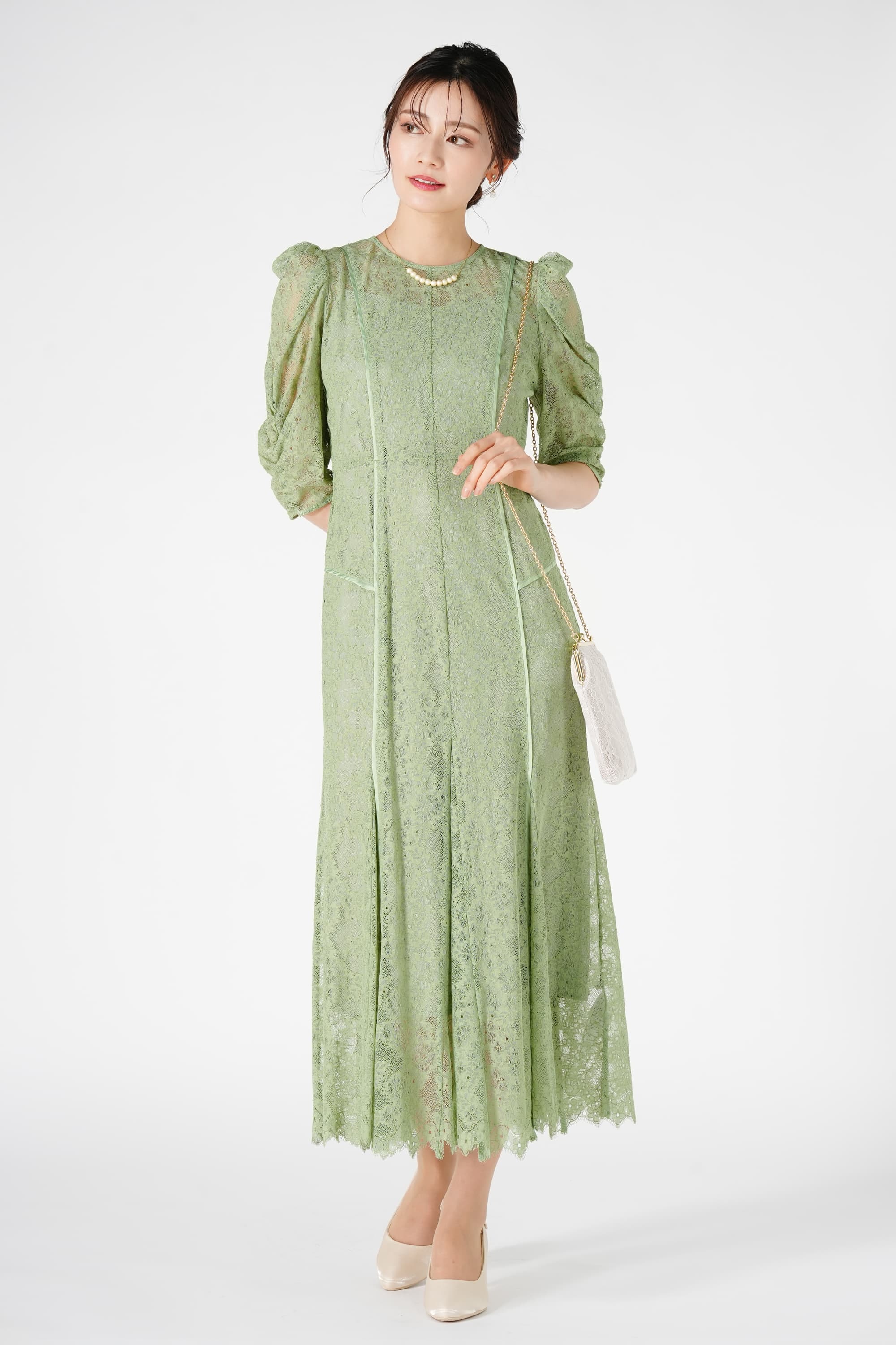 配色レースパイピング薄グリーンドレス