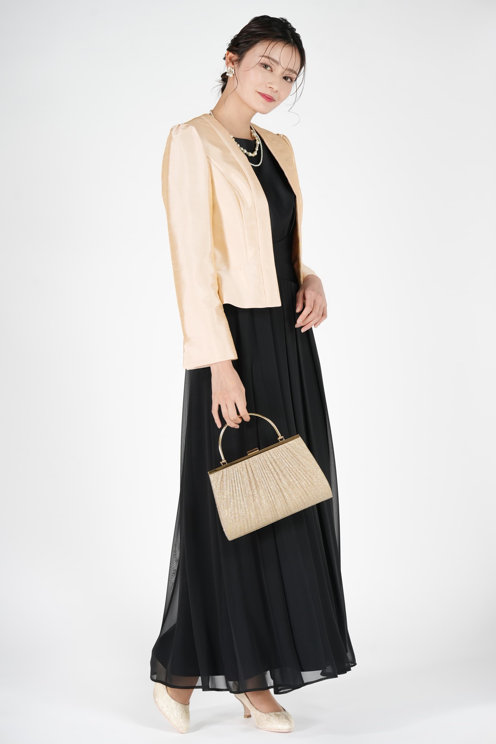 持ち手付きラメプリーツゴールドバッグ