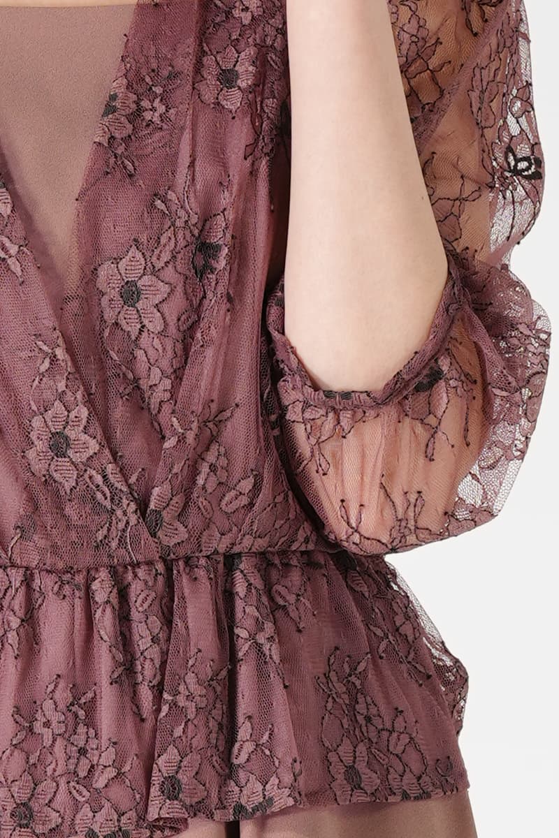 カシュクールレース切り替えスモークピンクパンツドレス