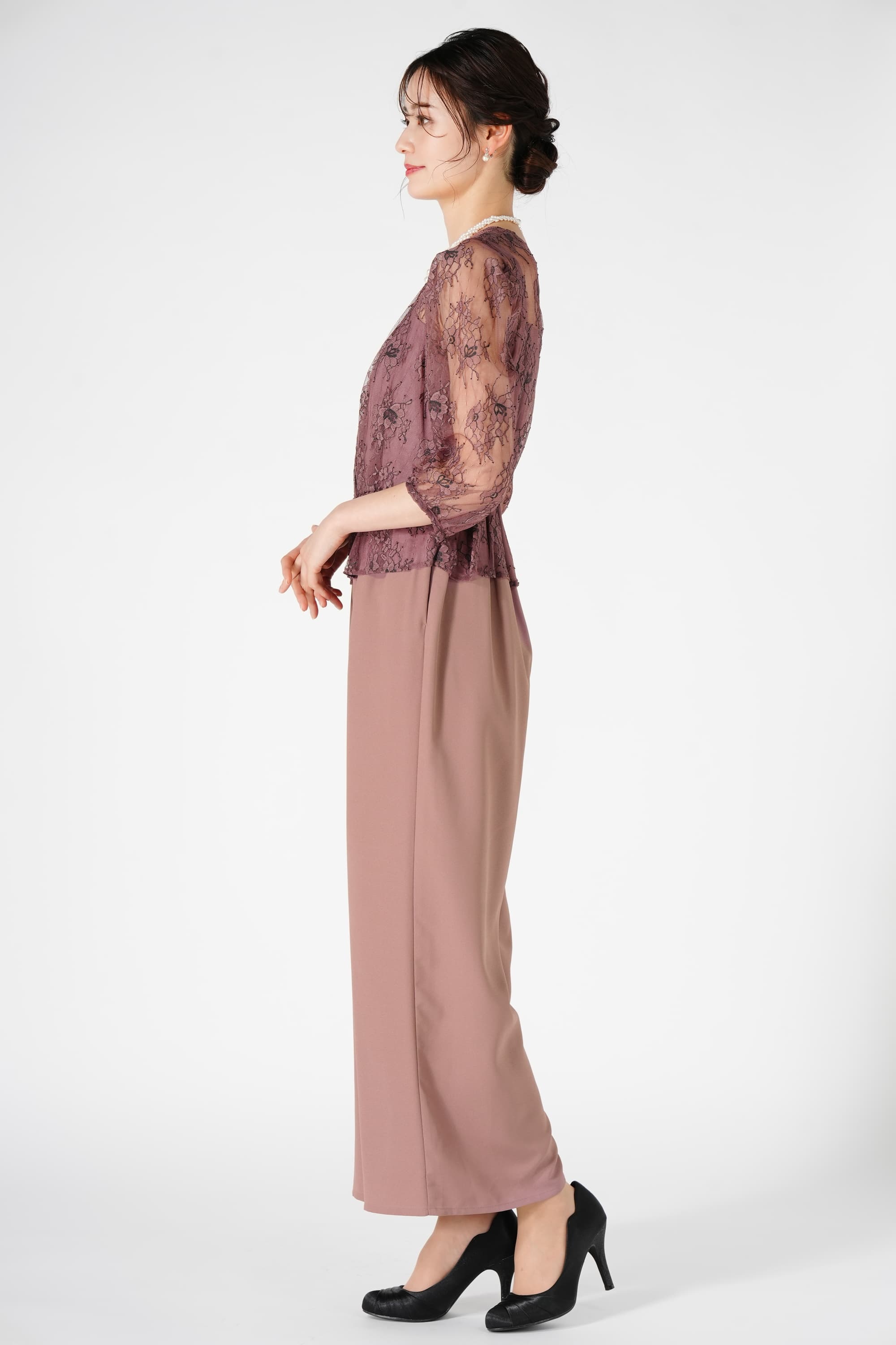 カシュクールレース切り替えスモークピンクパンツドレス