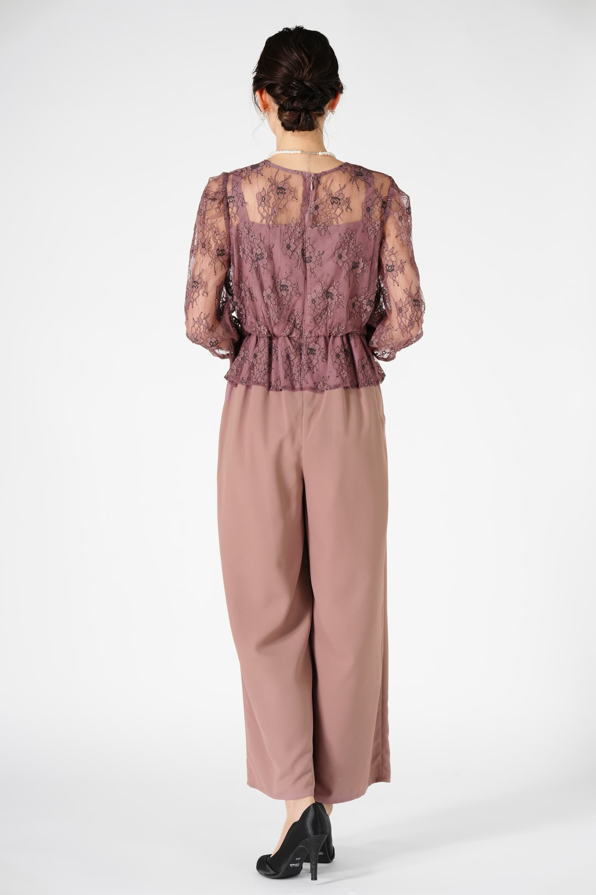 カシュクールレース切り替えスモークピンクパンツドレス