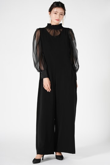 サイドリボン編み上げブラックパンツドレス