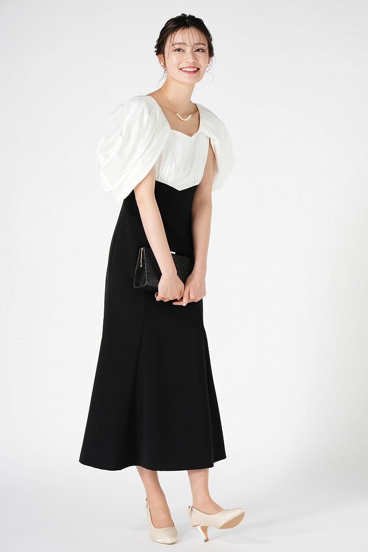 ボリュームスリーブ配色ブラックドレス